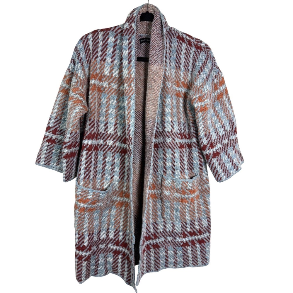 Stella + Lorenzo Womens XS Plaid Open Front Knit Cardigan Sweater Blue Rust Coat